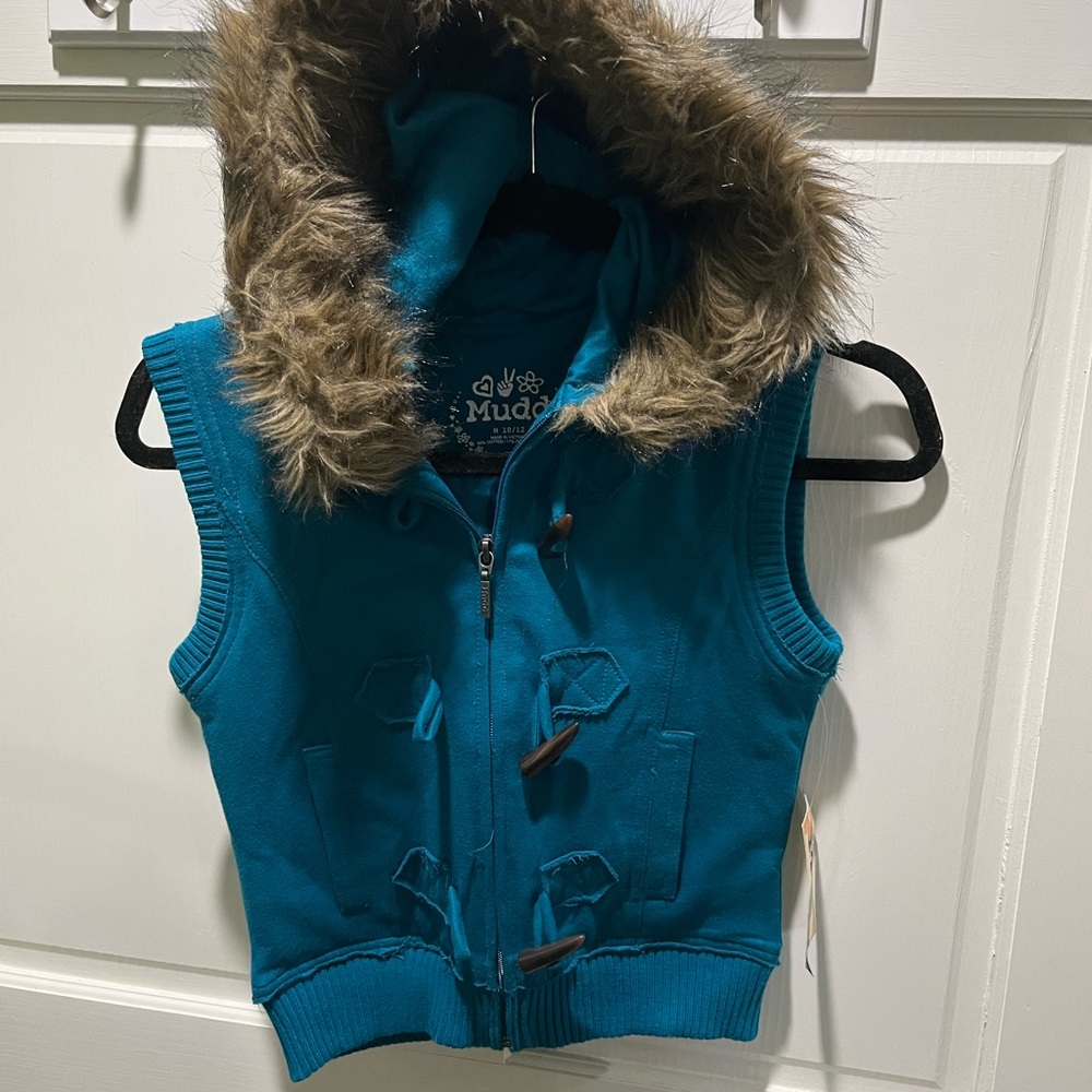 Mudd Girls, Teal Blue, Faux Fur Trimmed Hood, Vest Size 10/12 Zipper Button NWT